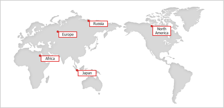 Russia, Europe, Africa, North America, Japan